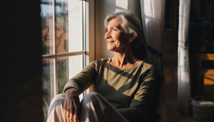 Elderly woman with gray hair gazing thoughtfully out a sunlit window reflecting on life