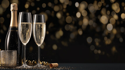 A glamorous celebration: champagne bottle and glasses set against a bokeh background, representing joy, togetherness, and elegance.