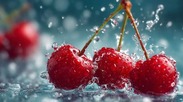 Vibrant cherries glistening with refreshing water droplets create a stunning visual perfect for summertime ads or healthy eating campaigns