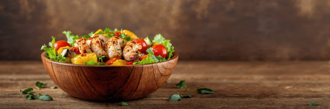 Healthy chicken salad with roasted vegetables and fresh greens, suitable for light meals and balanced diets - Powered by Adobe