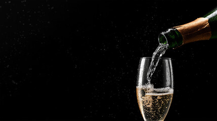 Effervescent champagne fills a delicate glass, embodying moments of celebration, elegance, and joyous occasions. The fine bubbles rise, reflecting the sophisticated ambiance.
