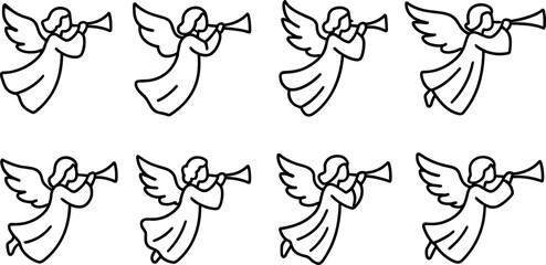 Naklejka premium Christmas angels icons set. Flying angel with trumpet, holiday outline illustrations
