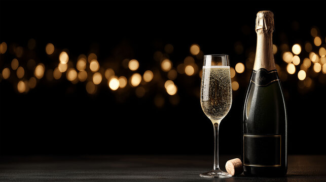 A captivating still life of festive celebration, features a chilled bottle of champagne and a flute glass, the bubbles glistening under the soft glow of fairy lights.