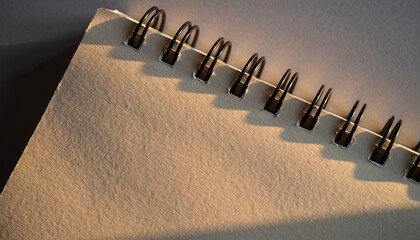 Close up textured paper spiral bound notebook under warm directional light