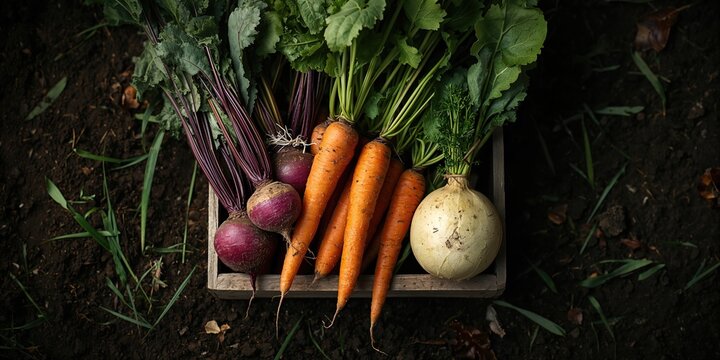 Closeup of freshly harvested vegetables including turnips, beetroots, carrots, and round marrow, emphasizing seasonal harvest practices