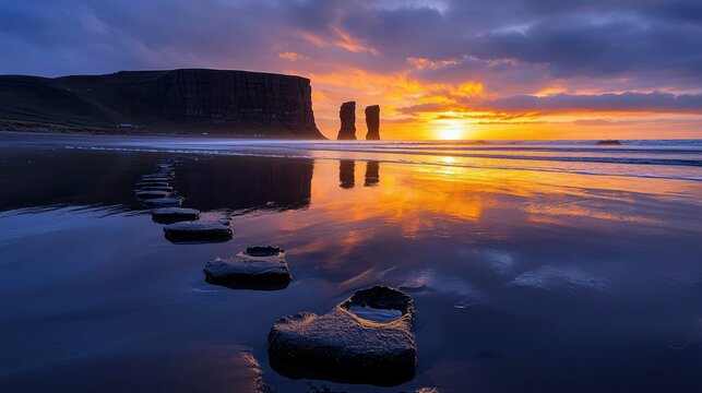 A scenic coastal landscape featuring a stone path leading towards the horizon with a vibrant sunset reflecting on the wet sand and water. - Powered by Adobe