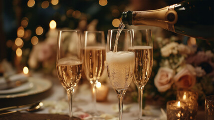 Capturing the elegance of a champagne pour, the scene is set for a celebratory occasion, perfect for festive promotions or luxurious lifestyle content.