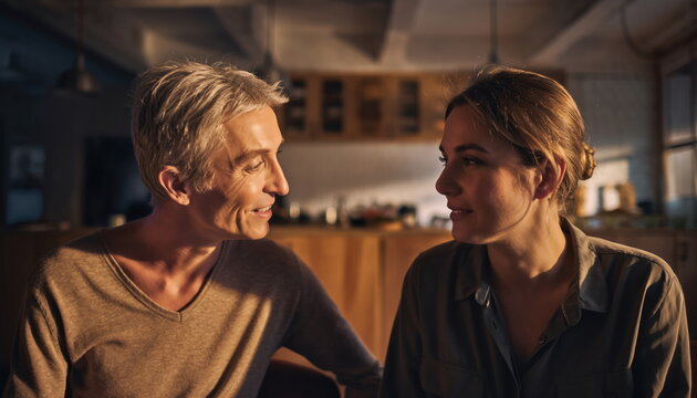 Two people a woman and a man looking at each other in a warm dimly lit indoor setting