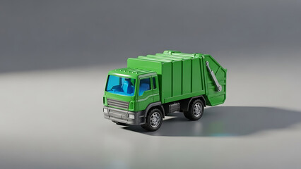 Green Toy Garbage Truck on Gray Background.