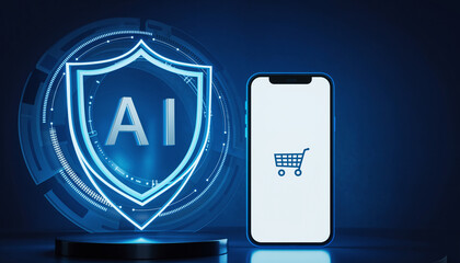 AI-Powered E-commerce Protection: A conceptual depiction of digital security for online shopping, featuring a shield with AI and a mobile phone with a shopping cart icon.