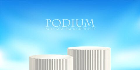 Beauty podium on sky blue background. Cosmetic platform in heaven. Product white box, 3d cloud studio. Soft cylinder pillar summer scene. Natural pastel aesthetic stand of two geometric ribbed bases