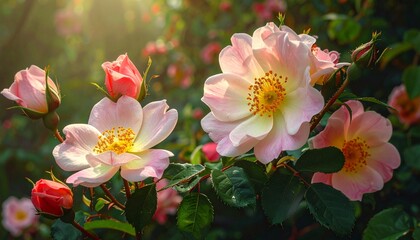 Pink roses blooming in sunlight.