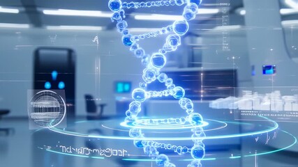 A glowing DNA helix in a futuristic lab setting with data visualizations - Powered by Adobe