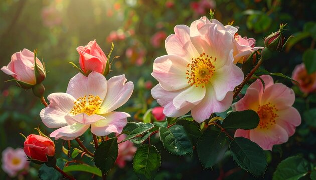 Pink roses blooming in sunlight. - Powered by Adobe
