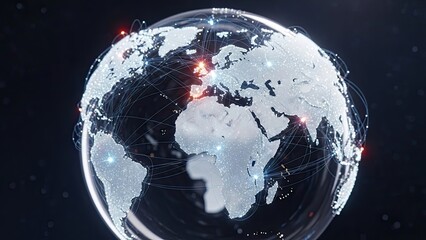 Global connections visualized with a futuristic digital world map for international business and technology solutions, highlighting Europe and worldwide networks