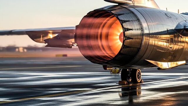 Dynamic jet engine glowing with energy during takeoff at sunset.