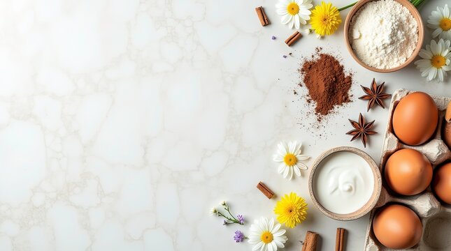 Top-down flat lay composition of baking ingredients on a light textured marble surface brown eggs in a paper carton, flour, cocoa powder, and a small bowl of white cream on right side.