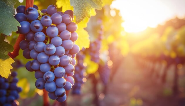 Fresh grapes still hanging on the vine at golden hour. - Powered by Adobe