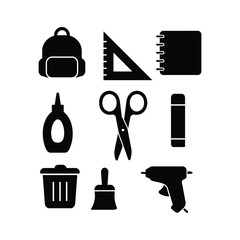 School And Craft Supplies Icons Set On White Background backpack ruler