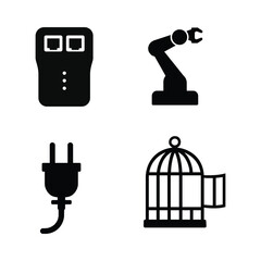 Set of four black icons including a device, robot arm, plug, and birdcage Keywords: icon, set, technology