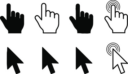 Collection of cursor and hand pointer vector icons showing clicking gestures, mouse pointers, touch interactions, and navigation symbols for digital interface design.