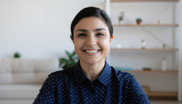 Smiling woman portrait female face indoor office casual shirt polka dot blouse natural light warm expression living room background bookshelf decor