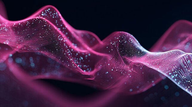 Elegant flowing pink data stream visualization with glowing particles for modern technology and futuristic concepts, vibrant and dynamic