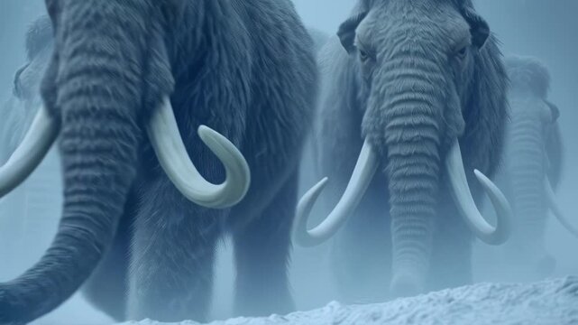 Woolly mammoths walking in a misty prehistoric landscape