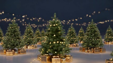 Magical christmas tree forest with glowing lights and gifts for a festive holiday season - Powered by Adobe