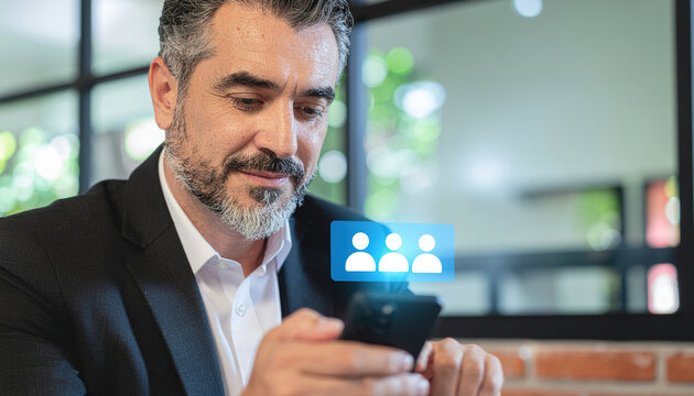 Businessman using smartphone with social network icon overlay, mobile communication, networking, professional man smiling, office interior, casual interaction