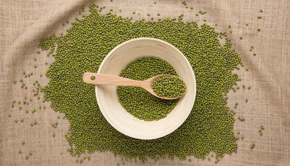 Mung Beans in a Bowl with Spoon on Burlap Background.