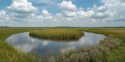 Luther Marsh in a wildlife management area during a partly cloudy day, emphasizing natural habitat preservation