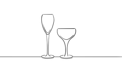 Continuous line wine cheers one line art, continuous drawing contour. Hands toasting with wine glasses with drinks. Cheers toast festive decoration for holidays. Vector illustration	