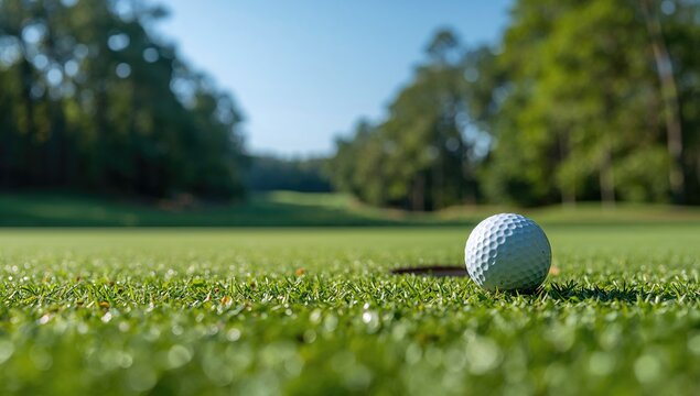 Golf ball approaching the hole on a well-maintained green with trees in the background during a sunny day, sports activity