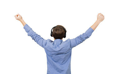 Rear view young male with headset listening to music raising arms outstretched feeling free isolated on transparent background