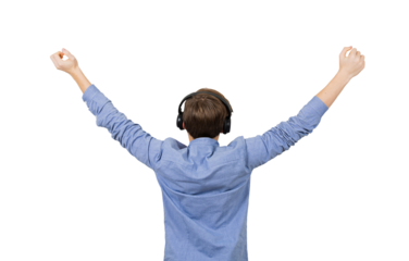 Rear view young male with headset listening to music raising arms outstretched feeling free isolated on transparent background