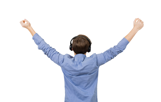 Rear view young male with headset listening to music raising arms outstretched feeling free isolated on transparent background