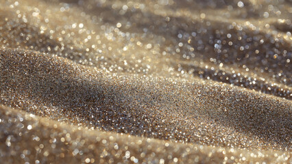Macro photograph of shimmering golden sand with glittering particles, creating a beautiful abstract background with soft focus and warm sunlight