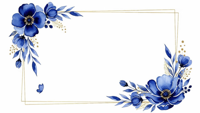 Beautiful watercolor hand drawn illustration of a blue floral frame border, perfect for elegant wedding invitations