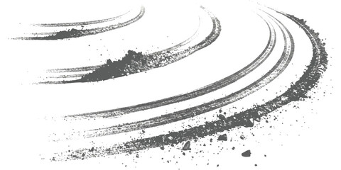 Obraz premium Automobile tire tracks creating a curved path with scattered soil and dust