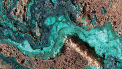 Abstract texture with vibrant green and earthy brown tones, resembling mineral formations or natural patterns