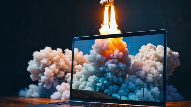 Futuristic rocket launch emerging from laptop screen with dramatic smoke clouds and vibrant light, symbolizing innovation, creativity, and powerful digital technology
