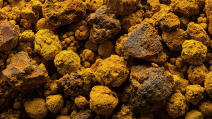 Textured yellow mineral rocks, a close-up view of unrefined ore deposits with earthy tones, symbolizing a valuable raw material for industrial and scientific applications