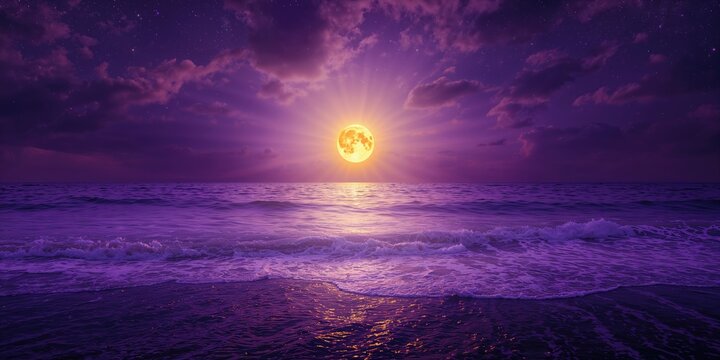 Purple sky with stars clouds and moon reflected in water, atmospheric scene for background design