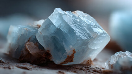 Close-up macro photograph of natural aquamarine crystals showcasing their translucent blue hue and geometric facets