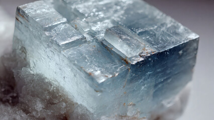 Close-up of a Clear, Light-Blue Mineral Crystal, Exhibiting Geometric Facets