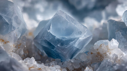 A breathtaking macro photograph capturing the intricate geometric facets of a beautiful light blue mineral crystal formation