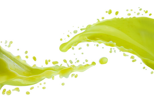 Flows of fresh green kiwi juice join with dynamic splashes, flying drops, isolated on white background. Spinach, celery juice. Healthy organic drink for design of detox diet menu, fitness cuisine.