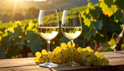 Wine glasses and grapes in vineyard.