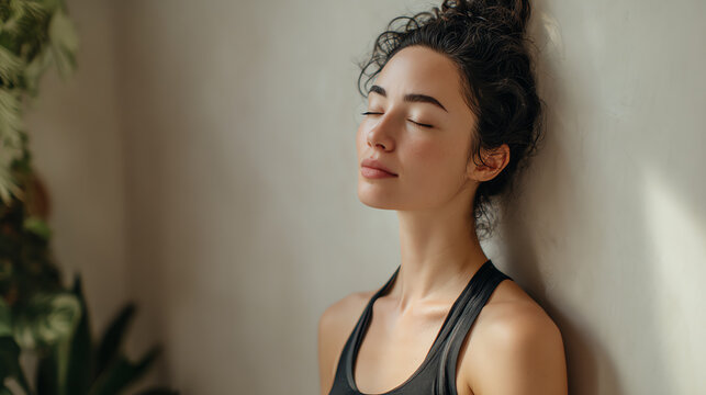 A serene woman relaxing against a wall, embodying tranquility and mindfulness in a peaceful environment.